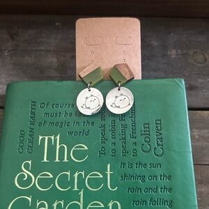 NWT Olive Green Wood and Resin Stainless steel Panda earrings.